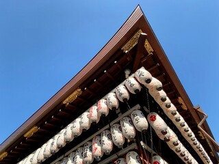 Lanterns on the roof of a Japanese Shinto shrine 