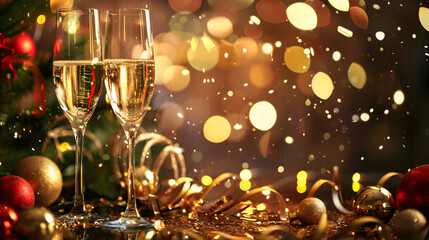Christmas banner with copy space, two glasses of champagne on dark golden festive background with Christmas tree toys and bokeh