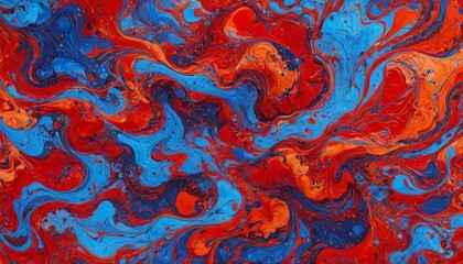 A vivid marbled paper design in electric blues and fiery reds, with chaotic swirling patterns that convey a sense of explosive energy, Generative AI