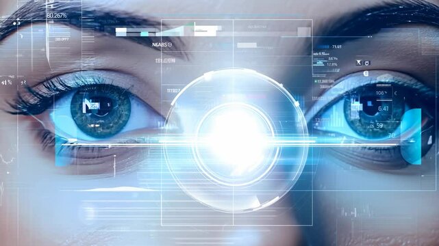 Holographic glowing eyes AI computer vision virtual reality eye eyelid lens augmented projection robot humanoid technology tracking smart digital moving retina iris innovation biotechnology science