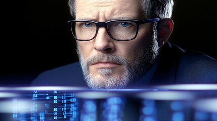 A businessman executive in deep thought, surrounded by floating digital interfaces showing real-time analytics and futuristic data projections,
