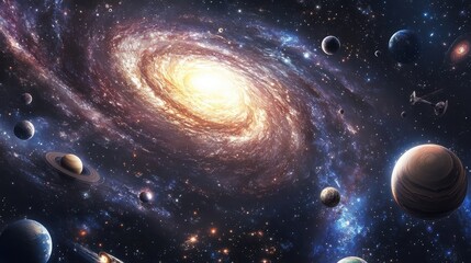 Spiral galaxy with vibrant planets and distant nebulae in space scene