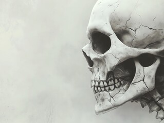 Side view of a human skull with subtle cracks against a soft gray background. Perfect for themes of anatomy, mortality, or Halloween.