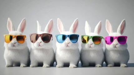 Five cool bunnies sporting colorful sunglasses in a creative lineup