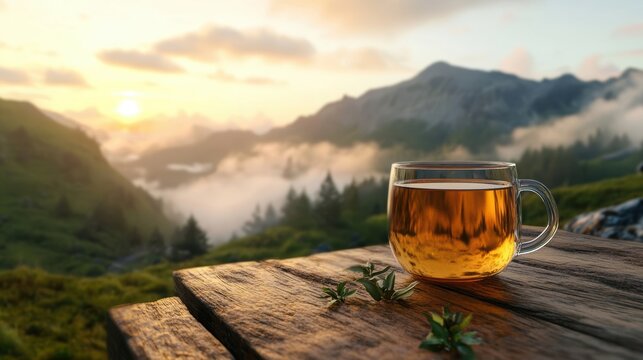 Serene morning tea with misty mountain view in tranquil outdoor setting