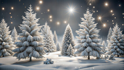 Snow-covered Christmas trees under starry sky in winter wonderland.