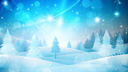 Abstract winter landscape with glowing trees and stars in blue hues.