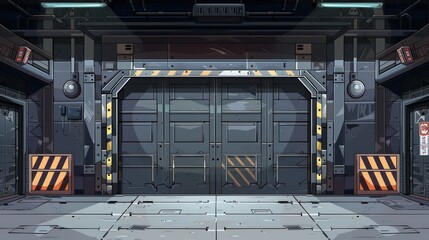 A futuristic industrial setting featuring large metallic doors and safety barriers, suitable for a sci-fi or game environment.
