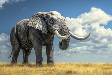 Fototapeta premium Majestic elephant standing in a grassy savannah under a vibrant blue sky with fluffy clouds, showcasing the beauty of wildlife and nature.