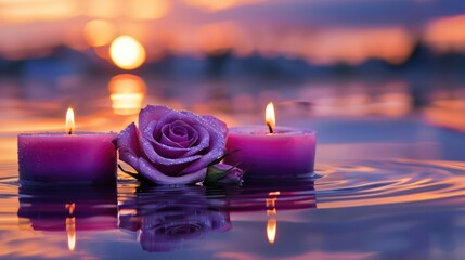 A serene scene featuring floating candles and a rose on water, illuminated by a vibrant sunset.