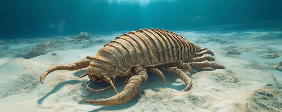 A prehistoric sea creature with a segmented body and long appendages crawls along the ocean floor, showcasing evolutionary history underwater.