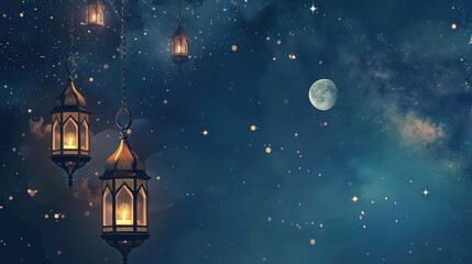 A serene night sky filled with stars, a glowing moon, and hanging lanterns, creating a tranquil atmosphere.