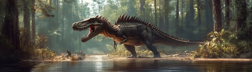 Fototapeta premium Majestic dinosaur roams a lush prehistoric forest, showcasing ancient wildlife in a serene and natural environment with vibrant greenery.