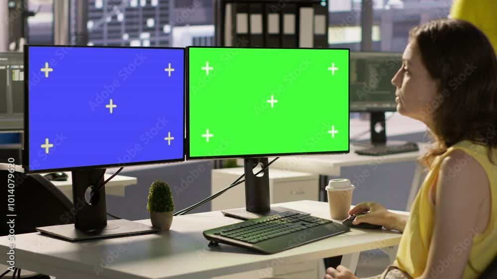 Poster employee using multi monitor isolated screen computer to analyze datasets, comparing accounting figu