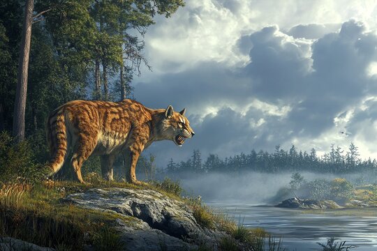 A saber-toothed tiger stands majestically on a rock overlooking a misty river in a prehistoric forest under dramatic clouds.