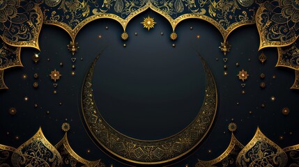 A decorative background featuring intricate gold patterns and a crescent moon, ideal for cultural or festive themes.