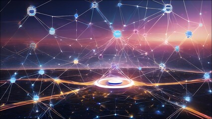 Show a network of interconnected AI systems, each represented by glowing nodes in a futuristic digital landscape. 