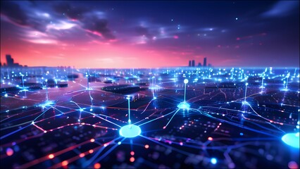 Obraz premium Show a network of interconnected AI systems, each represented by glowing nodes in a futuristic digital landscape. 