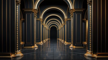 Fototapeta premium A grand hallway with ornate arches and columns, featuring a sleek, reflective floor and a dramatic black and gold color scheme.