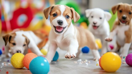 Adorable puppies playing with colorful balls indoors, showcasing joy and playful energy. Perfect image for pet lovers and animal-themed projects.