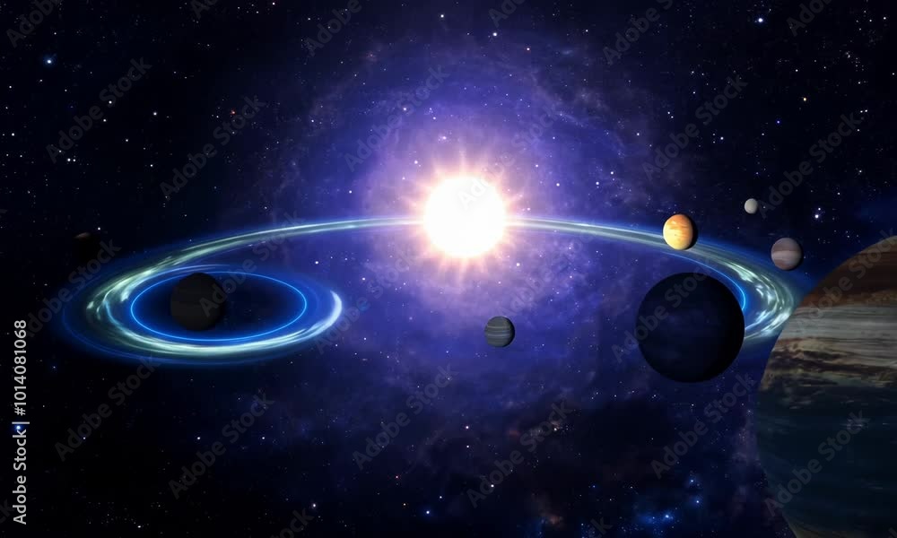 Poster binary star system with planets orbiting both stars. video