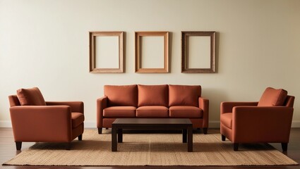  Rustic Terracotta Sofa Set in a Cozy Living Room with Wooden Frames
