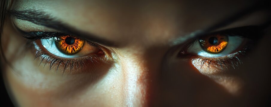 Close-up of intense amber eyes glowing in the dark, conveying mystery and power through a captivating, piercing gaze.
