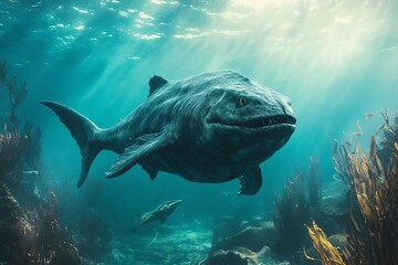 Fototapeta premium Realistic depiction of a prehistoric fish swimming in the ocean depths, surrounded by aquatic plants with sunlight filtering through the water.
