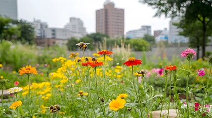Urban garden bustling with bees pollinating flowers, set against a cityscape