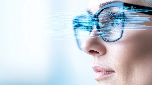 Beautiful woman in glasses, business-style portrait, hologram of data and code floating around her head, blurred background with a window, 