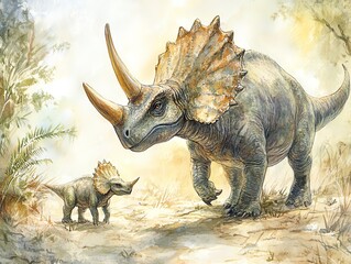 Fototapeta premium Illustration of two horned dinosaurs walking in a prehistoric landscape, highlighting the majestic features and natural habitat.