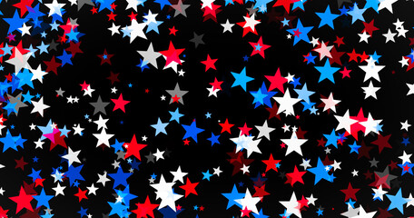 Red and blue stars scattered over black background for USA celebrations like 4th of July, Memorial Day, Veteran's Day, or other patriotic US American holidays.