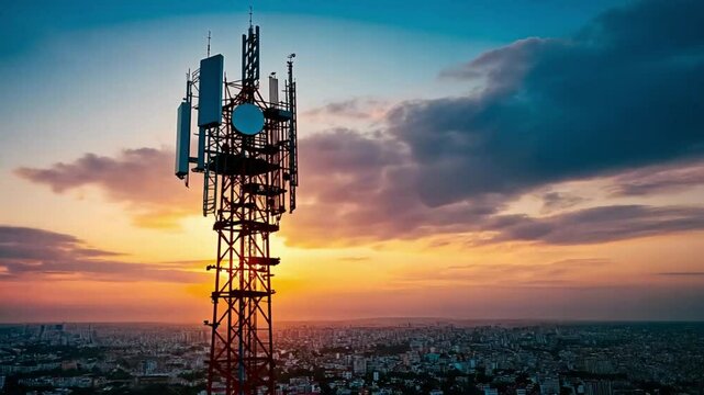 A telecommunications tower stands against a colorful sunset, overlooking a sprawling cityscape.