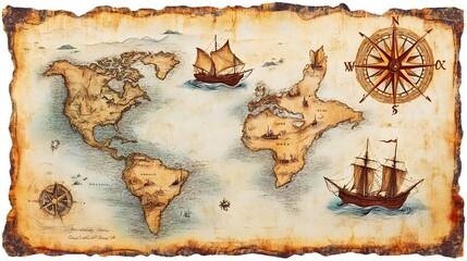 Fototapeta premium Vector illustration of a vintage map of the Caribbean Sea on worn parchment, featuring ships, islands, land, wind rose, and cardinal points, with a fantasy world design