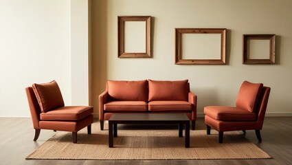 Minimalist Terracotta Seating with Wooden Frames in a Modern Living Room
