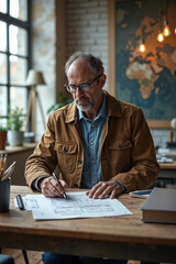 A man, possibly a professional architect or designer, is seated at a desk with papers and drawings, deeply engrossed in his work.