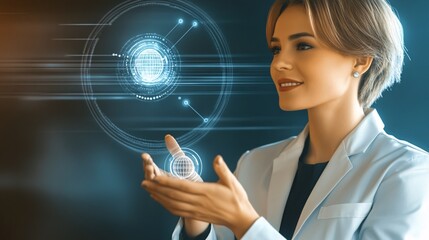 an AI consulting company. Include elements of tech woman,circles and nets, intelligence, innovation, and technology, futuristic design. 