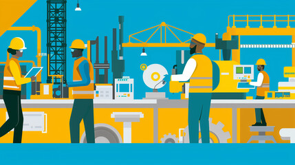 An abstract depiction of a modern factory, with diverse engineers collaborating on machinery, symbolizing precision, teamwork, and seamless coordination in a multicultural, high-tech environment.