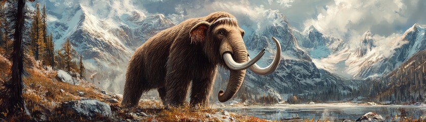 Obraz premium Majestic mammoth stands by a serene mountain lake, surrounded by rugged peaks and lush forests under a dramatic sky.