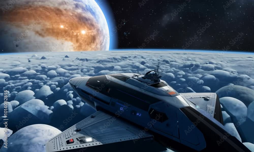 Poster spaceship navigating through the outer reaches of the solar system. video