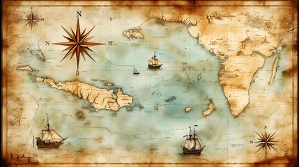 Fototapeta premium Vector illustration of a vintage map of the Caribbean Sea on worn parchment, featuring ships, islands, land, wind rose, and cardinal points, with a fantasy world design