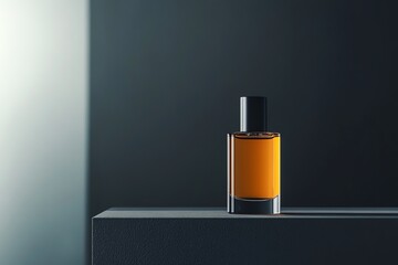 Elegant amber perfume bottle displayed on minimalist surface, set against modern dark background for a stylish and sophisticated look.