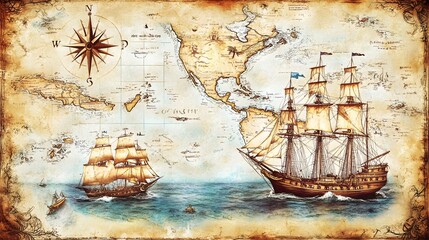 Vector illustration of a vintage map of the Caribbean Sea on worn parchment, featuring ships, islands, land, wind rose, and cardinal points, with a fantasy world design