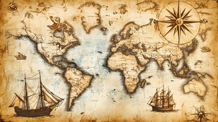 Vector illustration of a vintage map of the Caribbean Sea on worn parchment, featuring ships, islands, land, wind rose, and cardinal points, with a fantasy world design