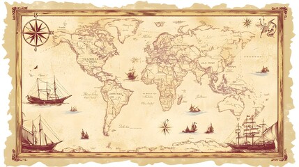 Vector illustration of a vintage map of the Caribbean Sea on worn parchment, featuring ships, islands, land, wind rose, and cardinal points, with a fantasy world design