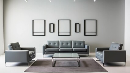 Modern Gray Leather Seating with Abstract Frame Decor in a Minimalist Living Room
