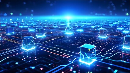 Obraz premium Show a network of interconnected AI systems, each represented by glowing nodes in a futuristic digital landscape. 