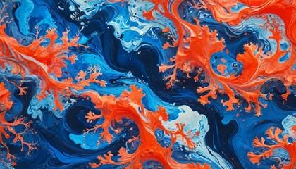 Fototapeta premium A vibrant marbled paper composition in deep ocean blue and bright coral, reflecting the beauty of marine ecosystems and the need for ocean conservation, with dynamic swirling designs, Generative AI