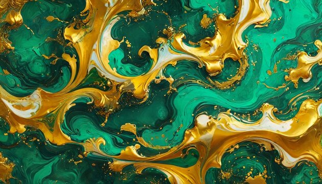 A bold marbled paper composition in rich emerald and shimmering gold, reminiscent of luxury tech gadgets, with swirling patterns that convey sophistication and elegance, Generative AI