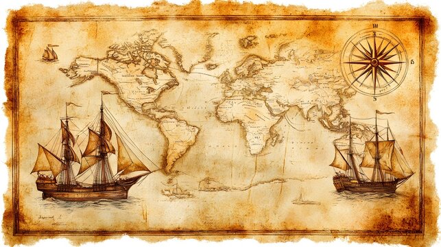 Vector illustration of a vintage map of the Caribbean Sea on worn parchment, featuring ships, islands, land, wind rose, and cardinal points, with a fantasy world design